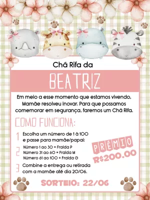 Convite Chá Rifa Safari Menina para Editar Online