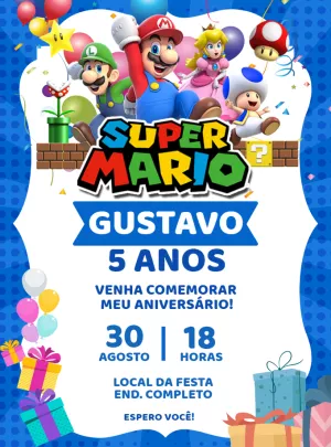 Convite de Aniversário Super Mario Editável para Imprimir