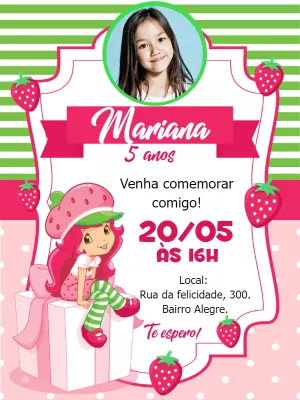 Convite Aniversário Moranguinho com Foto para Editar Online