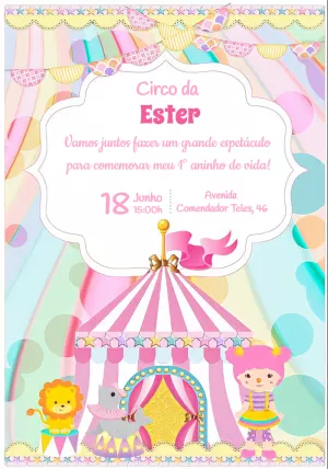 Convite Aniversário Circo Rosa para Editar Online