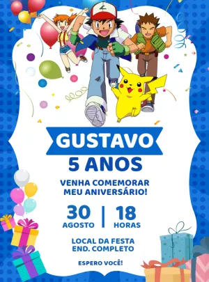 Convite de Aniversário Pokémon com Ash e Pikachu para Editar