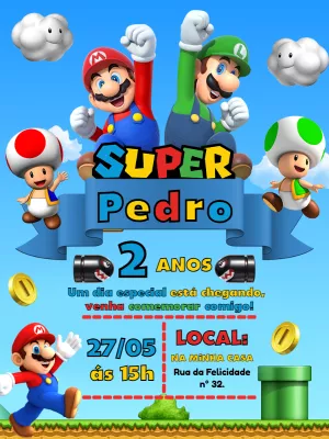Convite de Aniversário Super Mario Bros para Editar Online