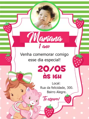 Convite Aniversário Moranguinho Baby com Foto para Editar Online