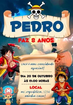 Convite de Aniversário One Piece com Personagens para Editar