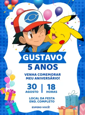 Convite de Aniversário Pokémon com Ash e Pikachu para Editar Online