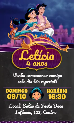 Convite Aniversário Jasmine e Aladdin para Editar Online