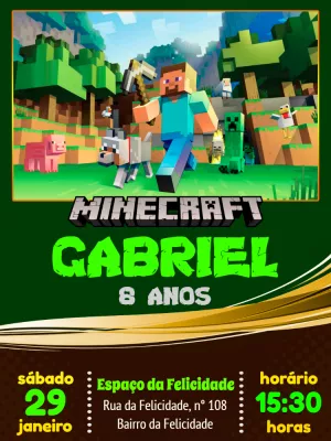 Convite de Aniversário Minecraft com Personagens para Editar