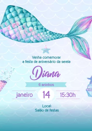 Convite Aniversário Sereia Aquarela para Editar Online