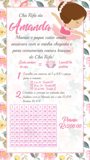 Rifa Chá de Fraldas Bailarina Delicada para Editar Online