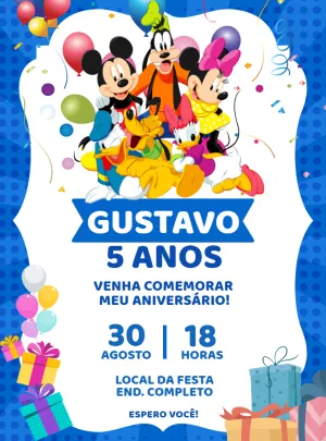 Convite de Aniversário Mickey e Amigos para Editar Online