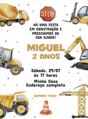 Convite de Aniversário Construção Editável com Tratores