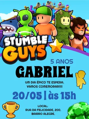Convite de Aniversário Stumble Guys com Personagens para Editar