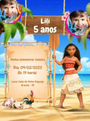Convite de Aniversário Moana com Foto para Editar Online