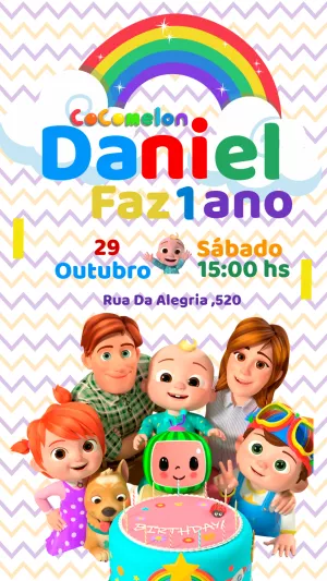 Convite de Aniversário Cocomelon com a Turma para Editar