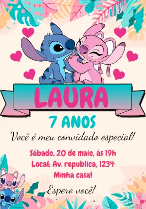 Convite Aniversário Stitch e Angel para Editar Online