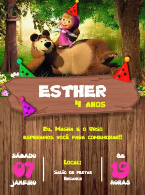 Convite de Aniversário Masha e o Urso para Editar Online