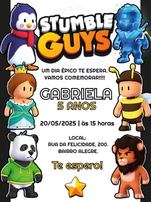 Convite de Aniversário Stumble Guys com Personagens para Editar