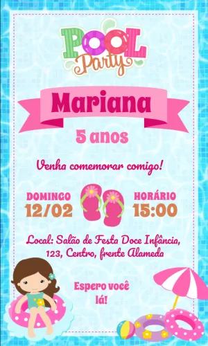 Convite de Aniversário Pool Party Infantil para Editar Online