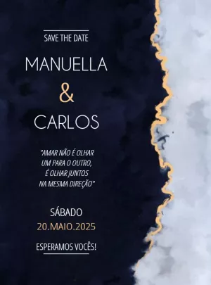 Save the Date Casamento Aquarelado Azul e Dourado para Editar