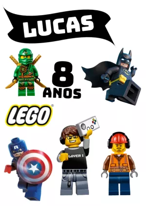 Topo de Bolo Aniversário Lego com Personagens para Editar