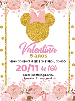 Convite Aniversário Minnie Rosa e Dourado Floral para Editar Online