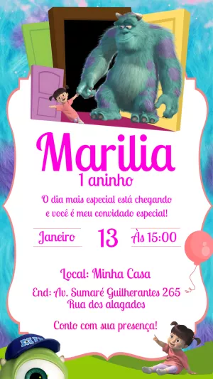 Convite Aniversário Monstros S.A. para Editar Online