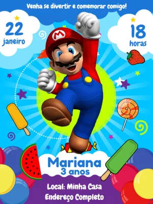 Convite de Aniversário Mario Bros para Editar Online