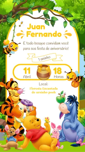 Convite de Aniversário Ursinho Pooh e Turma para Editar Online