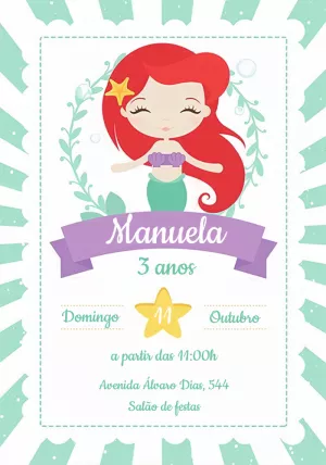 Convite de Aniversário Pequena Sereia Ariel para Editar Online