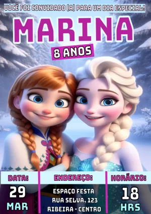 Convite de Aniversário Frozen com Anna e Elsa para Editar Online