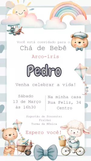 Convite Chá de Bebê Arco-íris e Ursinhos para Editar Online