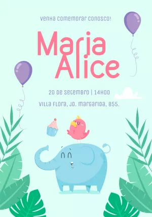 Convite de Aniversário Elefantinho Fofo para Editar Online