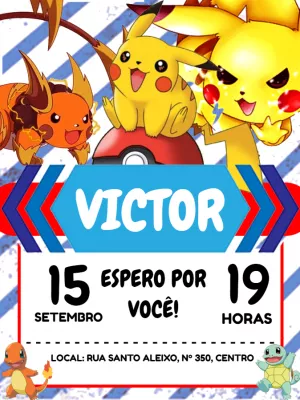 Convite Aniversário Pokémon Pikachu e Amigos para Editar