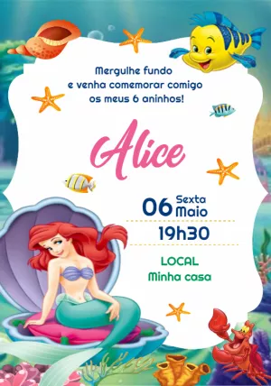 Convite de Aniversário A Pequena Sereia para Editar Online