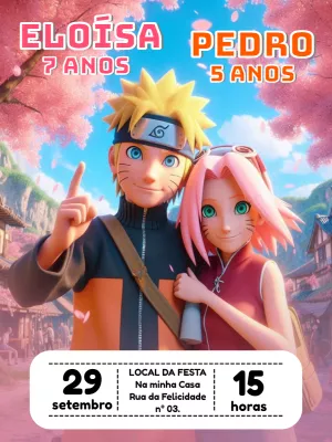 Convite Aniversário Duplo Naruto e Sakura para Editar Online