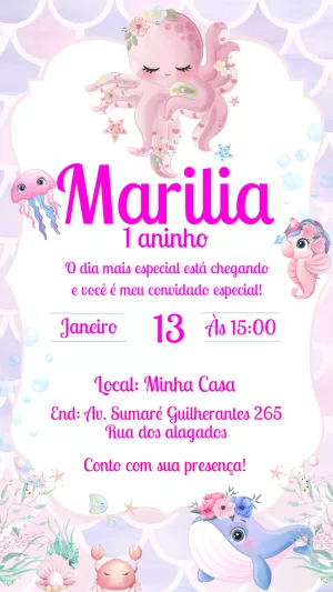 Convite Aniversário Fundo do Mar Rosa para Editar Online