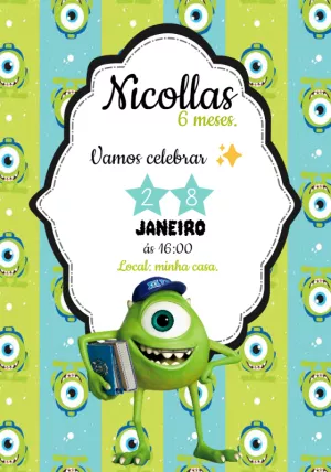 Convite Aniversário Mike Wazowski Monstros S.A. para Editar