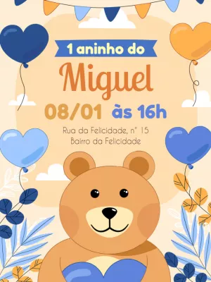 Convite de Aniversário Ursinho Fofo para Editar Online
