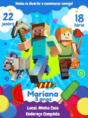Convite de Aniversário Minecraft com Personagens para Editar Online
