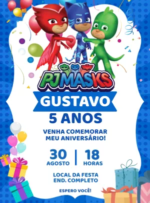 Convite de Aniversário PJ Masks para Editar Online