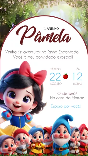 Convite Aniversário Branca de Neve e os Sete Anões para Editar