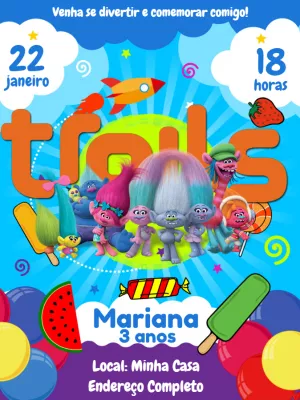 Convite de Aniversário Trolls com Personagens para Editar Online