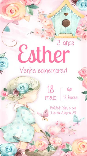 Convite de Aniversário Boneca Floral para Editar Online