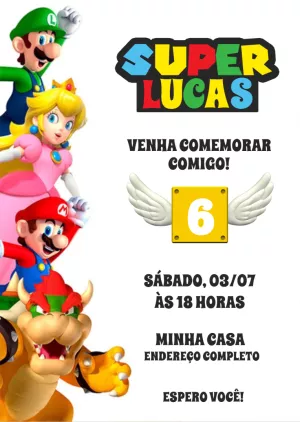 Convite de Aniversário Super Mario com Personagens para Editar