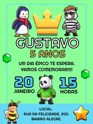 Convite de Aniversário Stumble Guys com Personagens para Editar