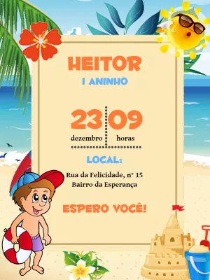 Convite de Aniversário Praia Infantil para Editar Online