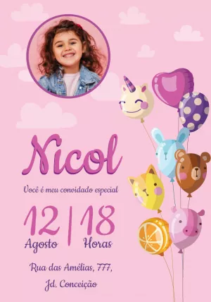 Convite de Aniversário Balões de Animais com Foto para Editar
