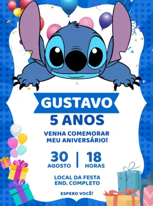 Convite de Aniversário Stitch Azul para Editar Online