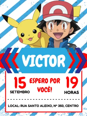 Convite de Aniversário Pokémon com Pikachu para Editar Online