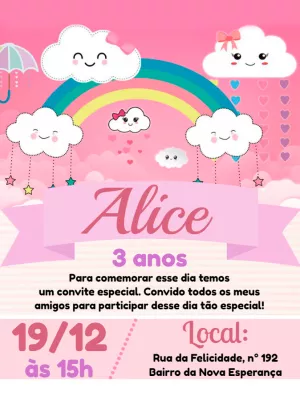 Convite Aniversário Chuva de Amor com Nuvens Fofas para Editar
